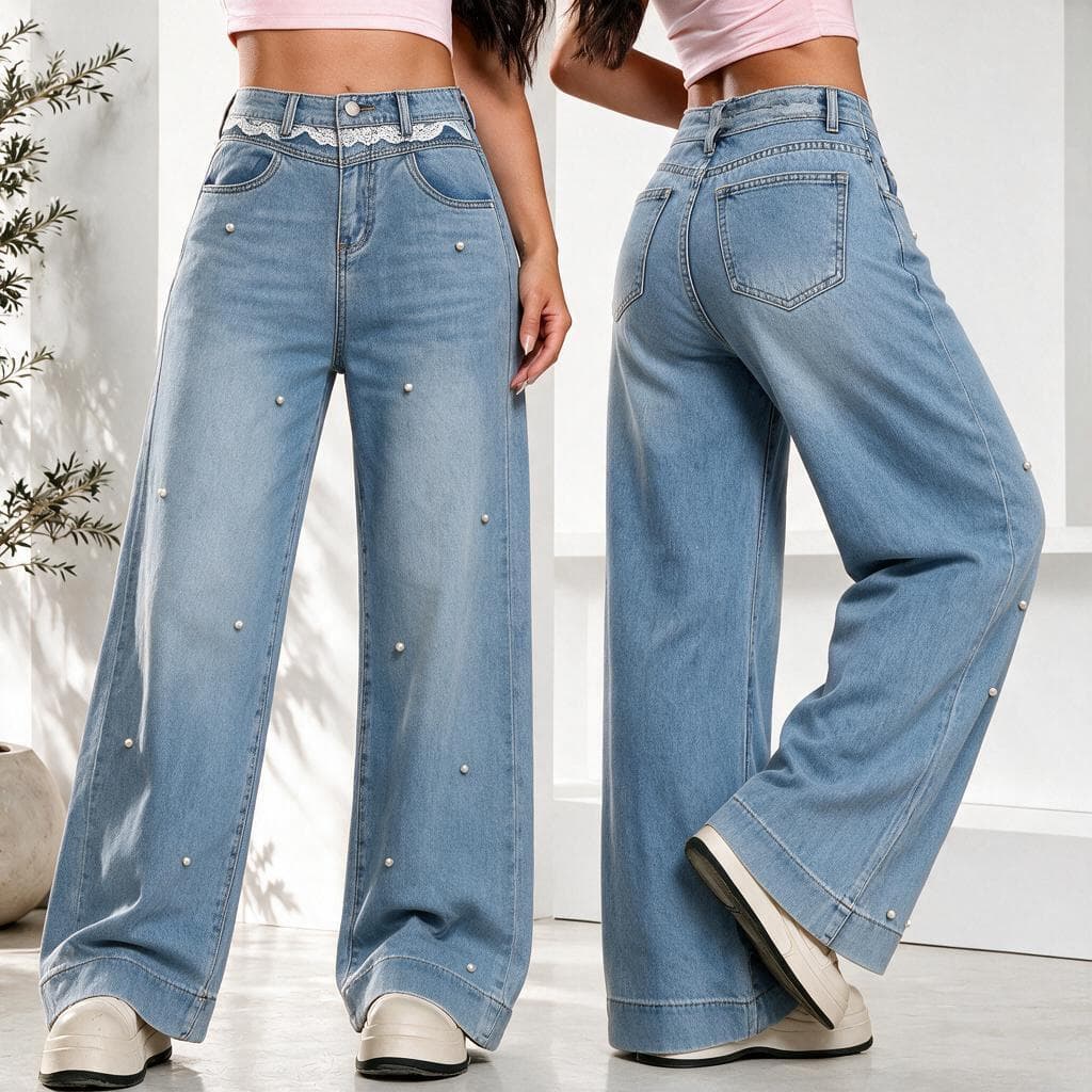 Calça Jeans Feminina Wide Leg Cintura Alta com Pérolas e Renda Pantalona Perna Larga Jeans Claro