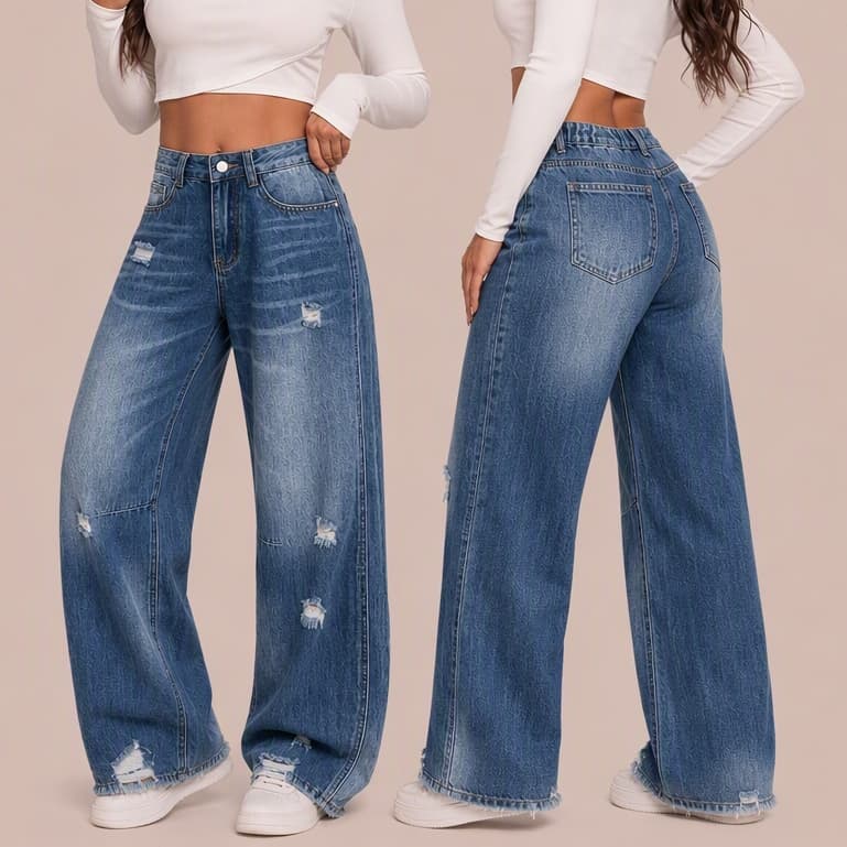 Calça Jeans Feminina Wide Leg Cintura Alta Pantalona Perna Larga Soltinha Destroyed Moda Casual