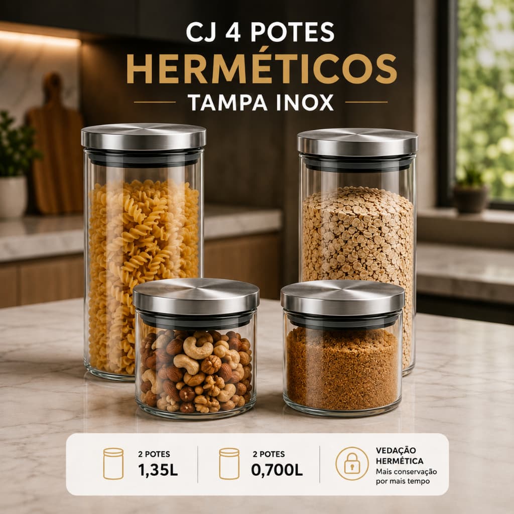 Kit Conjunto 4 Potes Vidro C/ Tampa Inox Organizadores Cozinha