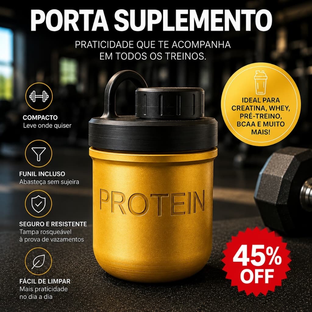 Porta Suplemento Portátil com Funil para Whey Creatina Pré-Treino e Cápsulas