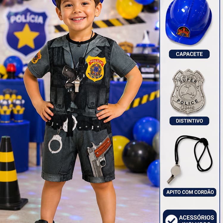 Fantasia De Policial Infantil Com Acessórios e capacete