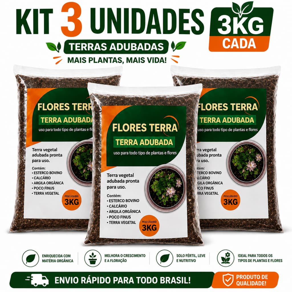 Kit 3 Terra Adubada 3kg Cada Total 9kg | Terra Vegetal para Plantas, Flores, Vasos e Jardim