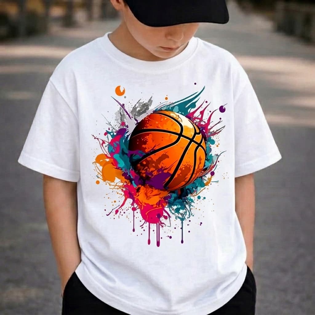 Blusa Camiseta Meninos de Manga Curta Estilo Casual para Menino com Estampa Gráfica de Bola De Basquete