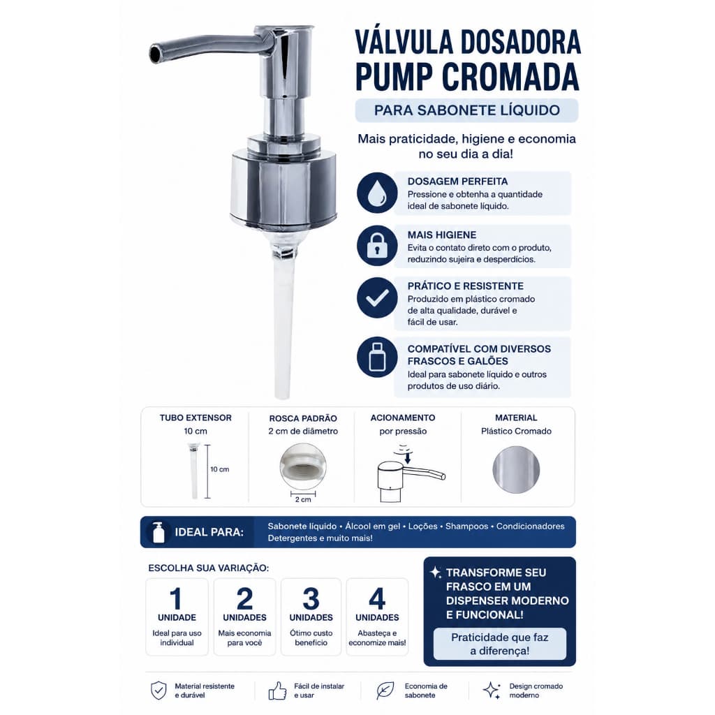 Válvula Pump Dosadora para Sabonete Líquido Cromada 10cm