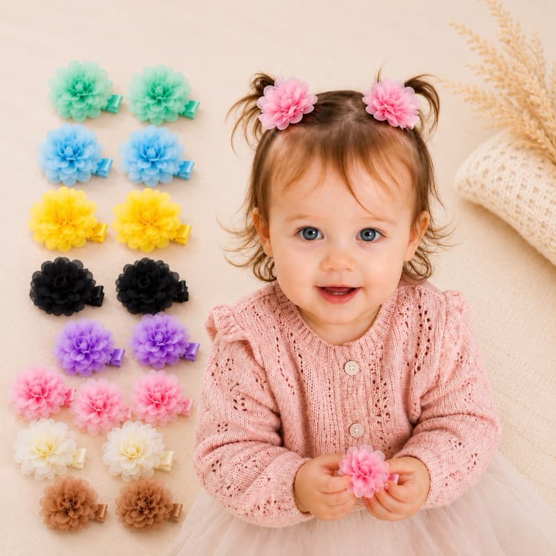 Prendedor de Cabelo Bico de Pato Flor de Chifon Laço de Cabelo Infantil