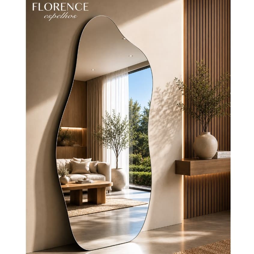 Espelho Orgânico Grande Lapidado Com Suporte Invisível Florence Tamanhos 120x50cm