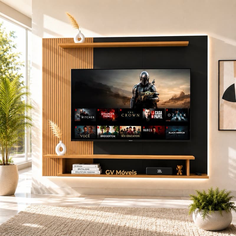 Painel para TV até 55 Polegadas Itália Ripado 3D – Rack Suspenso Moderno com Nichos e Prateleira para Sala de Estar