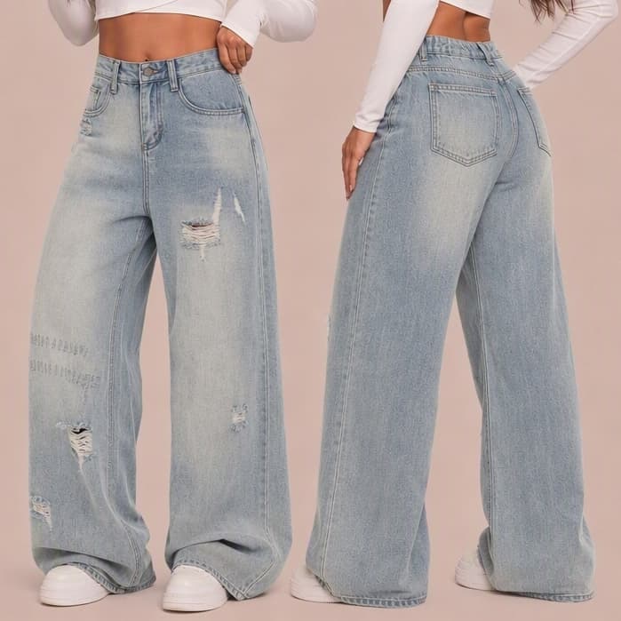 Calça Jeans Feminina Wide Leg Cintura Alta Destroyed Pantalona Jeans Oversized Lavagem Clara Moda Streetwear Casual