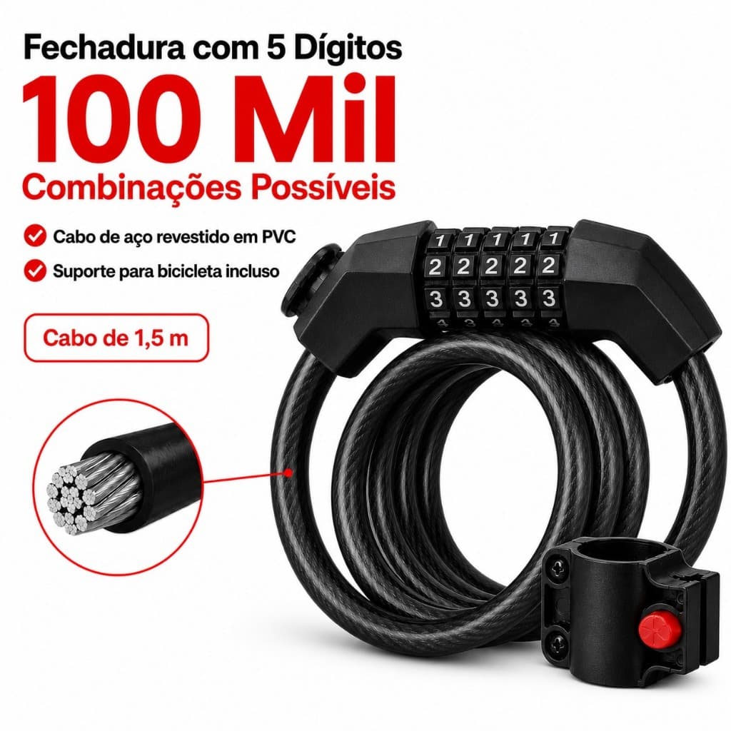 Cadeado para Bicicleta Moto Patinete Senha 5 Dígitos 1,5m Cabo Aço Antifurto p/ Entregador iFood Rappi