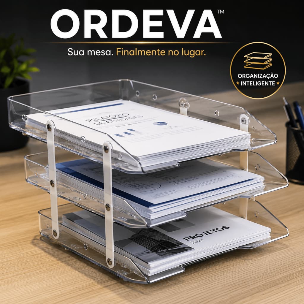 Organizador de Documentos 3 Andares ORDEVA™ | Bandeja de Papel A4 para Escritório, Mesa e Home Office