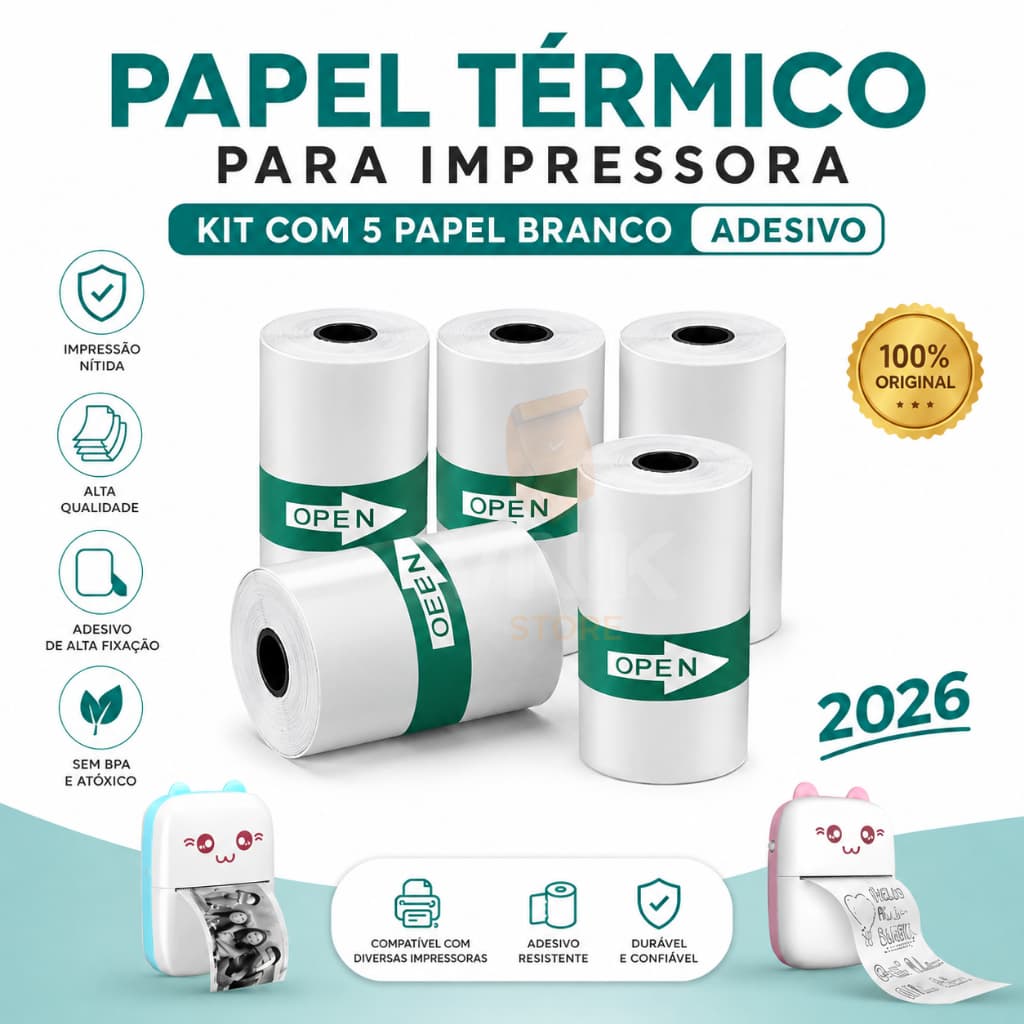 Kit 5 Bobinas Adesivas Térmicas Brancas 57x30mm Refil Para Mini Impressora Portátil e Máquina Fotográfica
