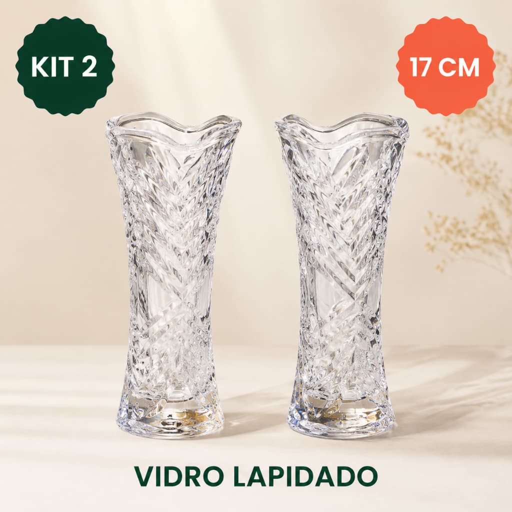 Kit 2 Vaso Decorativo 17cm em Vidro Lapidado Elegante Resistente Sortido