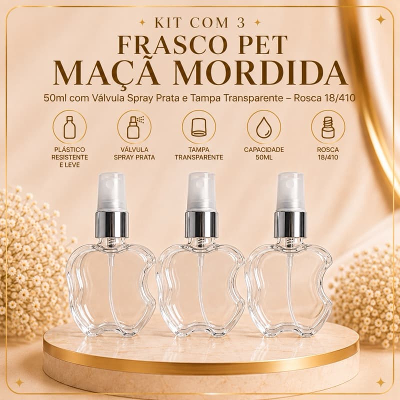 Kit com 3 Frascos Vazio PET Maçã Mordida 50ml com Válvula Spray Prata e Tampa Transparente – Rosca 18/410