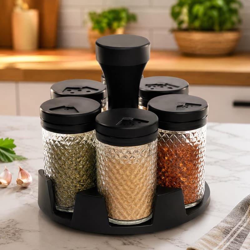 Organizador de Temperos 360° Porta com 6 Potes de Vidro 85ml com Tampa, Kit Porta Condimentos para Bancada e Armário