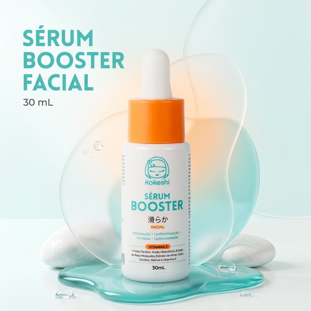 Sérum Booster Facial Kokeshi 30ml com Vitamina C, Ácido Hialurônico, Ácido Ferúlico e Retinol