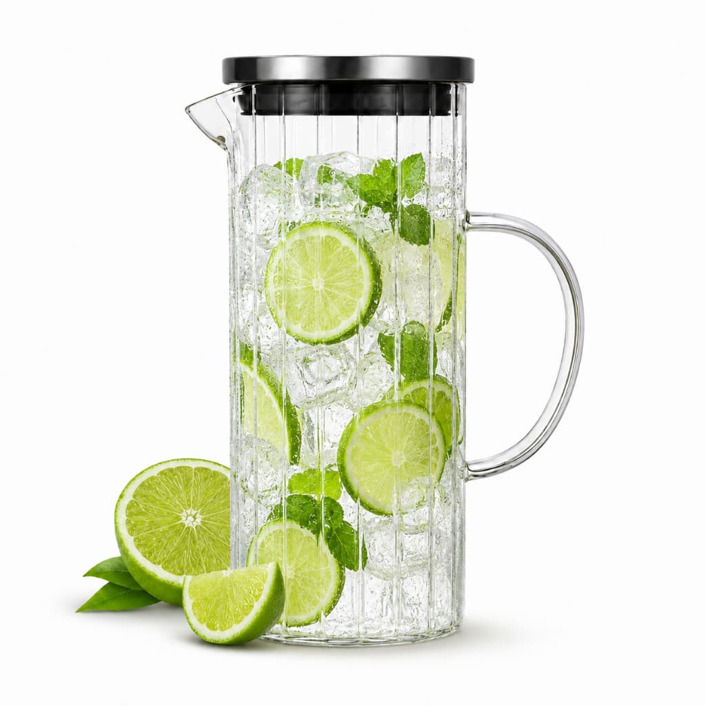 Jarra de Vidro Borossilicato Canelada com Tampa em Inox 1,5 L Água e Suco