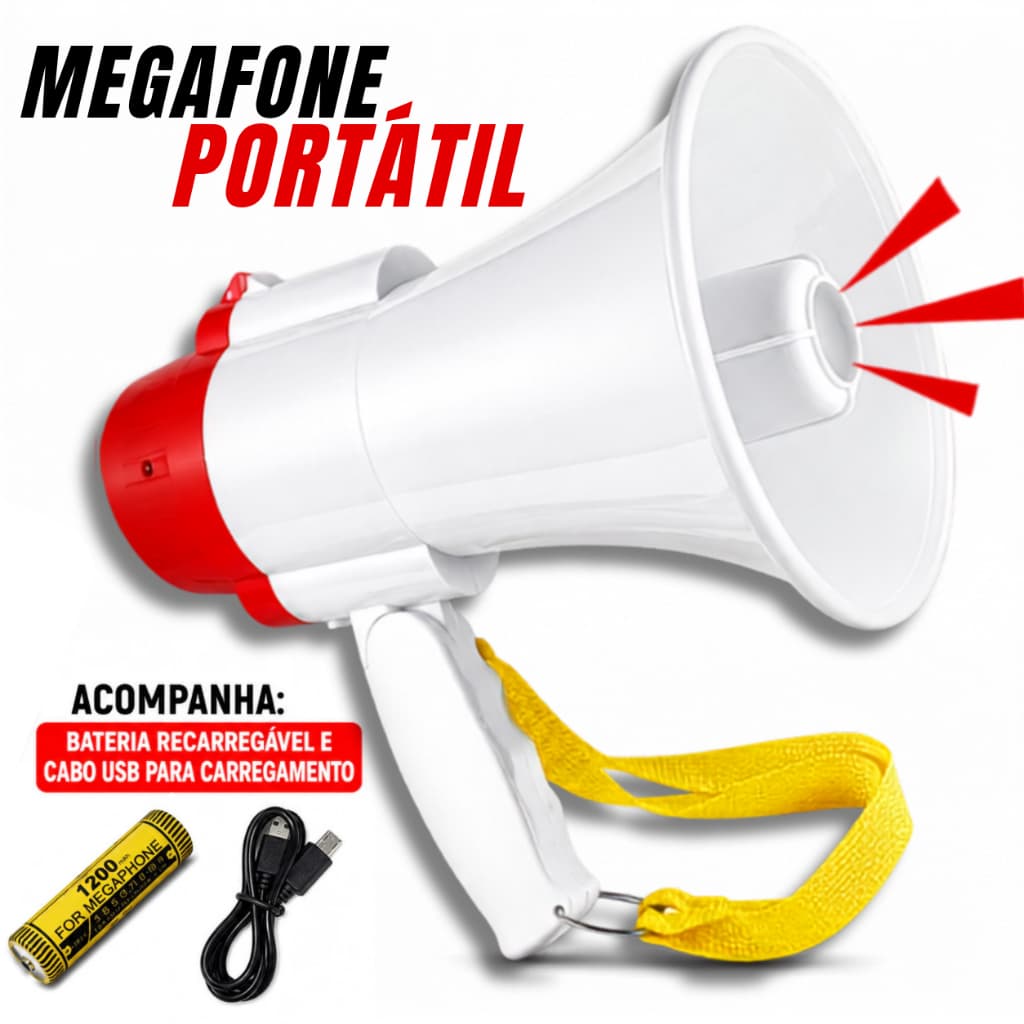 Megafone Profissional Portátil com Gravador de Áudio Sirene e Música Amplificador de Som Regarregável Bivolt
