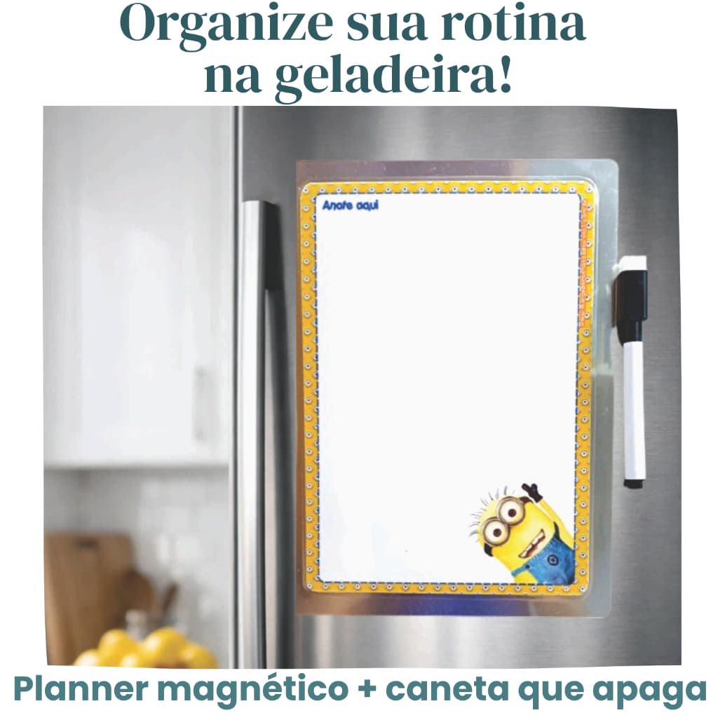 Minions Planner Magnético Geladeira 20x28cm | Lousa Quadro Branco Lista de Compras Recados Semanal com Caneta