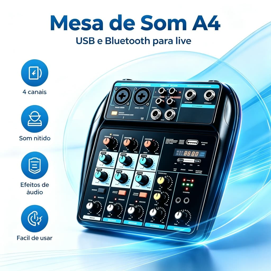 Mixer de Áudio A4 Compacto 4 Canais Bluetooth USB Console de Mixagem com Phantom Power para Podcast Eventos Pequenos