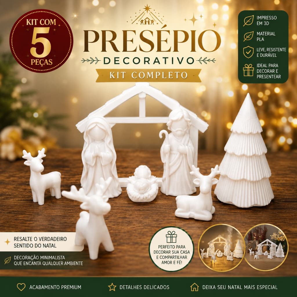Kit Decoração de Natal Minimalista 5 Peças Árvore, Trio de Renas e Presépio