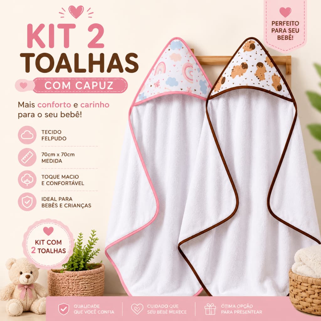 Kit 2 Toalhas de Banho para Bebê com Capuz Infantil Felpuda 70x70cm Enxoval Presente Bebê Novo