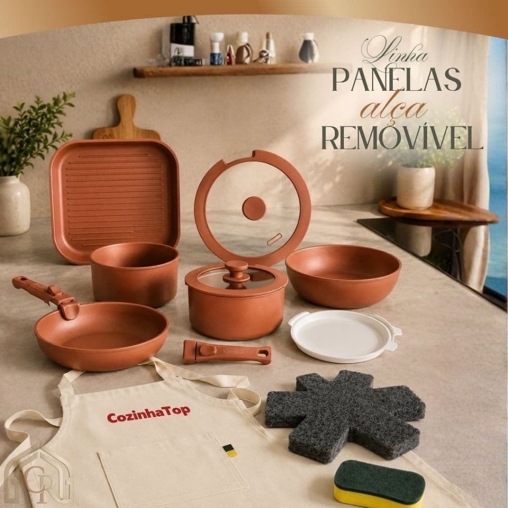 Jogo Panelas 17 Peças Alça Removível Revestimento Antiaderente Gold Cozinha Completa