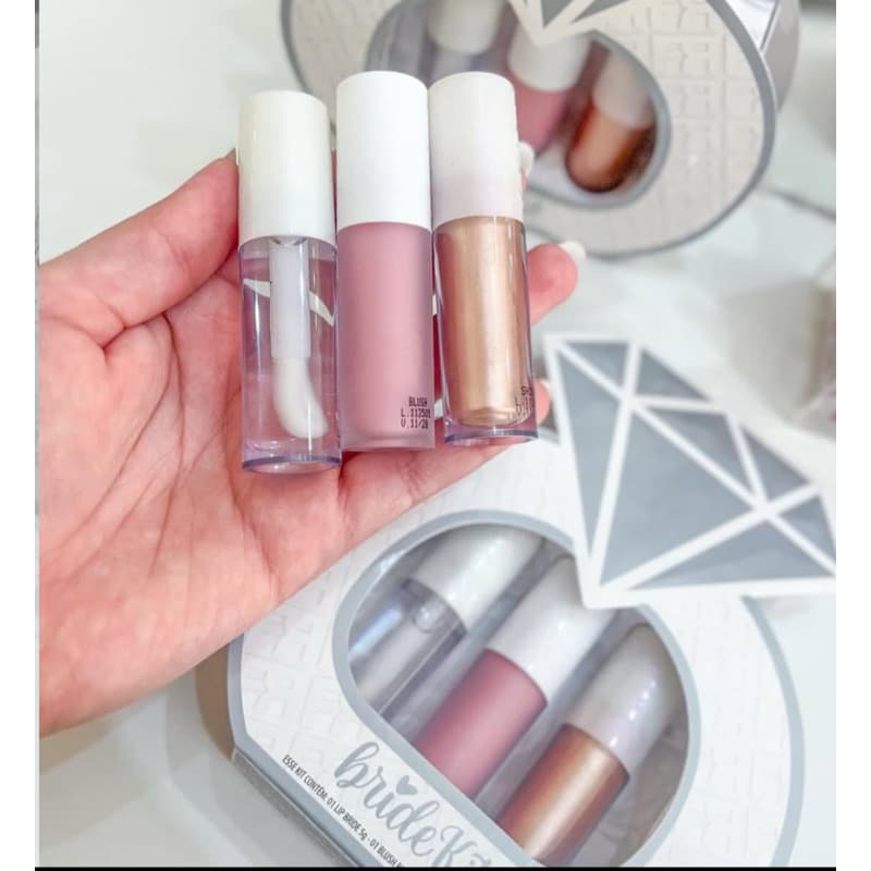 Kit Bride Noivas – Gloss + Blush + Iluminador | Maquiagem Glow para Noiva | Kit Maquiagem