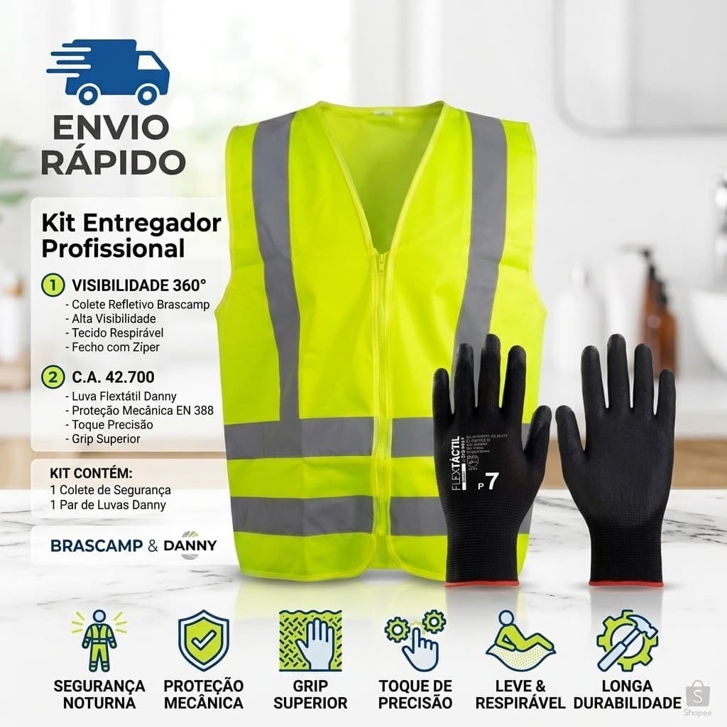 Kit Entregador Colete Luva Delivery EPI Moto Segurança Proteção