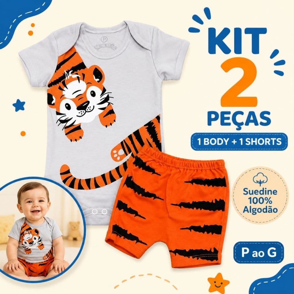 Kit 2 Peças Menino Conjunto 1 Body + 1 Shorts Bebê Manga Curta Suedine Algodão Infantil Estampado