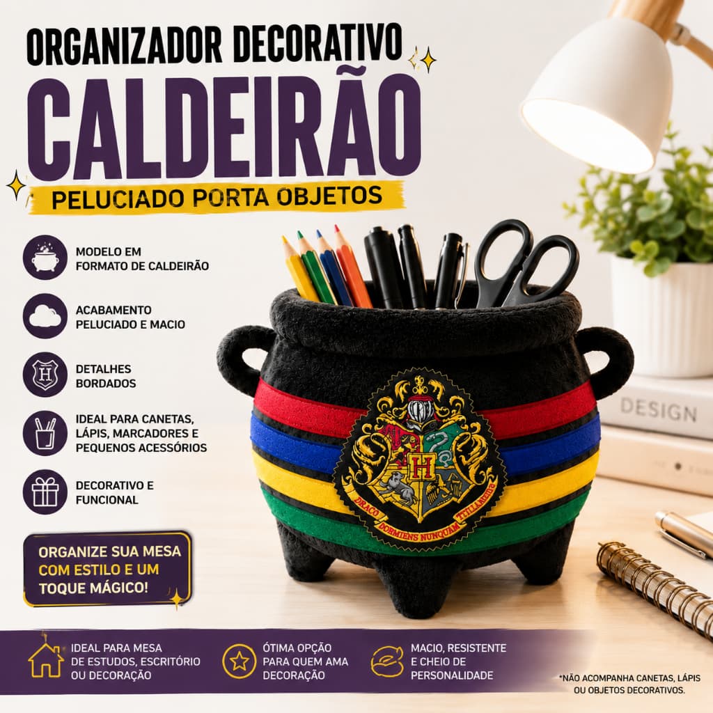 Organizador de Mesa Fluffy Harry Potter Caldeirão Peluciado Porta Objetos
