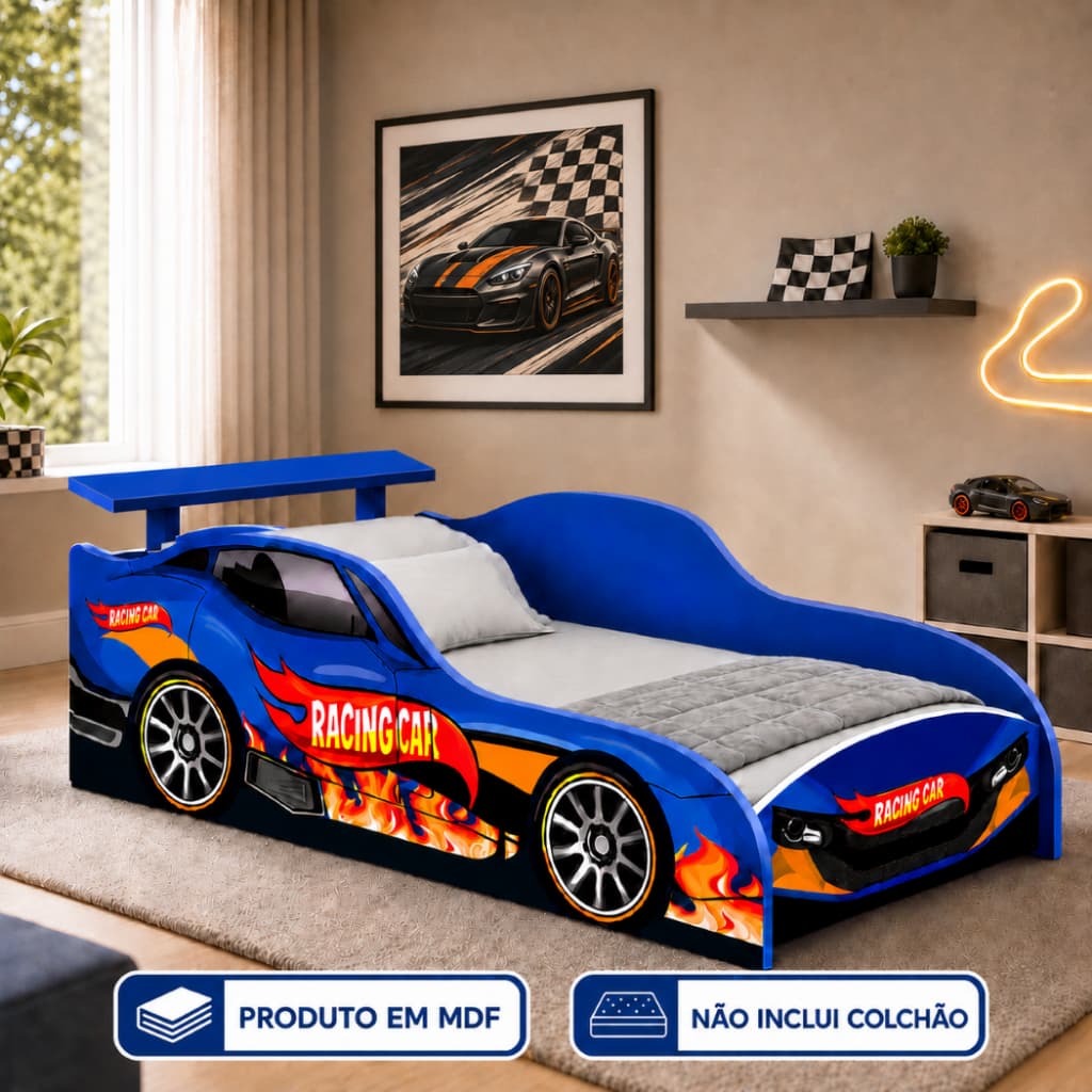 Cama Carro Infantil Azul Racing Car em MDF com Grade Lateral