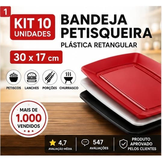 Kit 10 Bandejas Petisqueira Plástica Retangular 30x17cm Para Petiscos Porções Lanches Churrasco