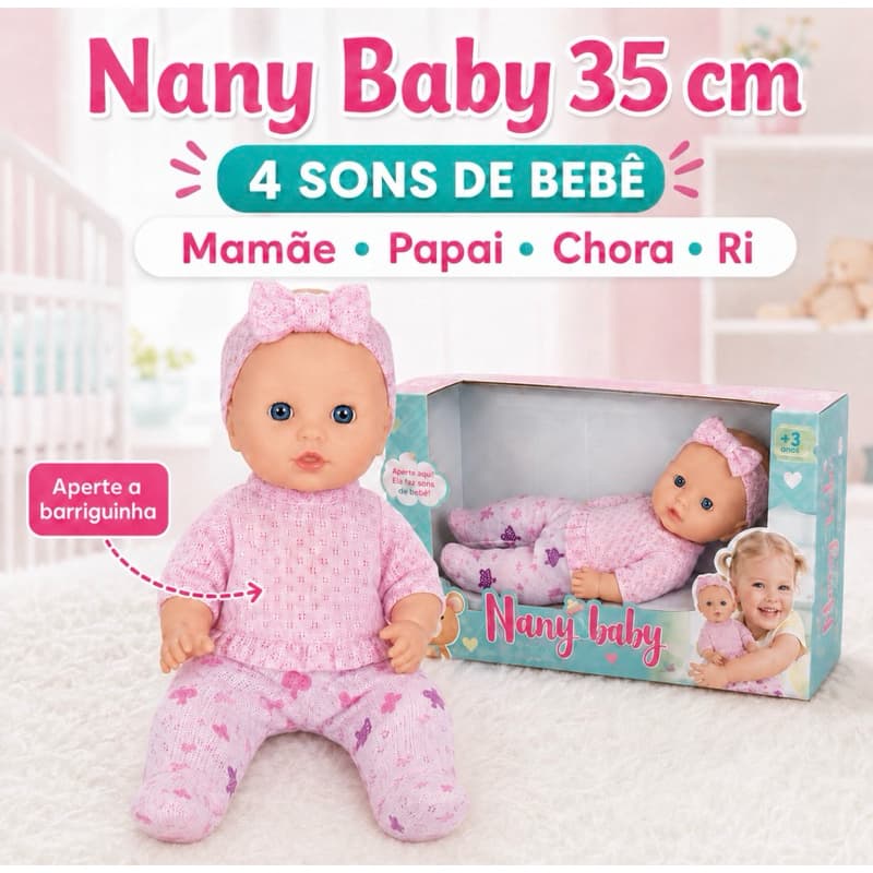Boneca Nany Baby Sons de Bebê 35cm Interativa Fala Mamãe Papai Chora e Ri Presente Ideal - Linda Boneca Bebê .