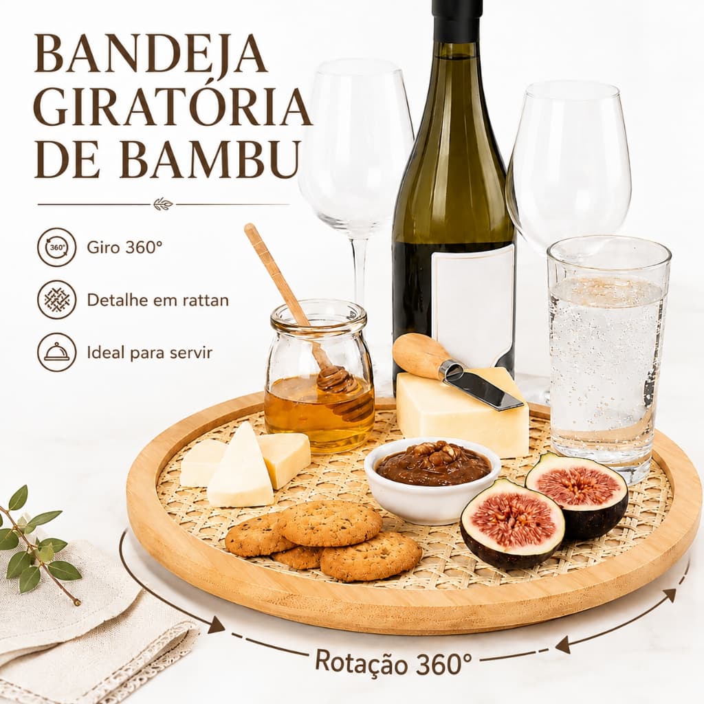 Bandeja Giratória de Servir em Bambu 30cm Fundo Treliçado para Snacks Chá Café e Aperitivos