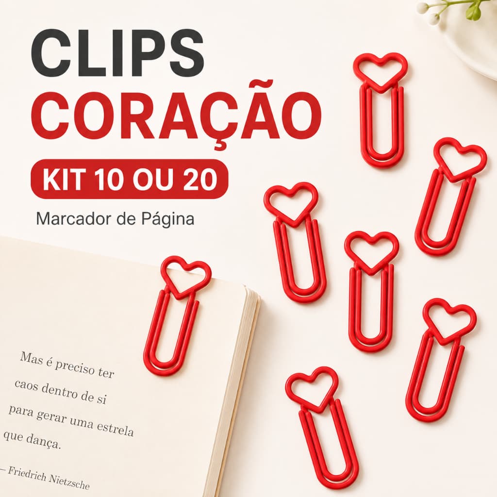 Clips Coração Marcador de Página Kit 10 ou 20 para Livro Caderno Planner Agenda Papelaria Fofa