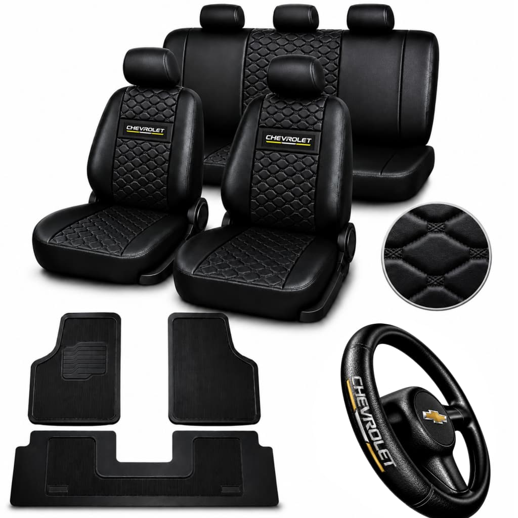 kit Capa Banco Automotivo Carro Couro Celta Corsa Classic Onix Novo Prisma Vectra Astra + VOLANTE GM