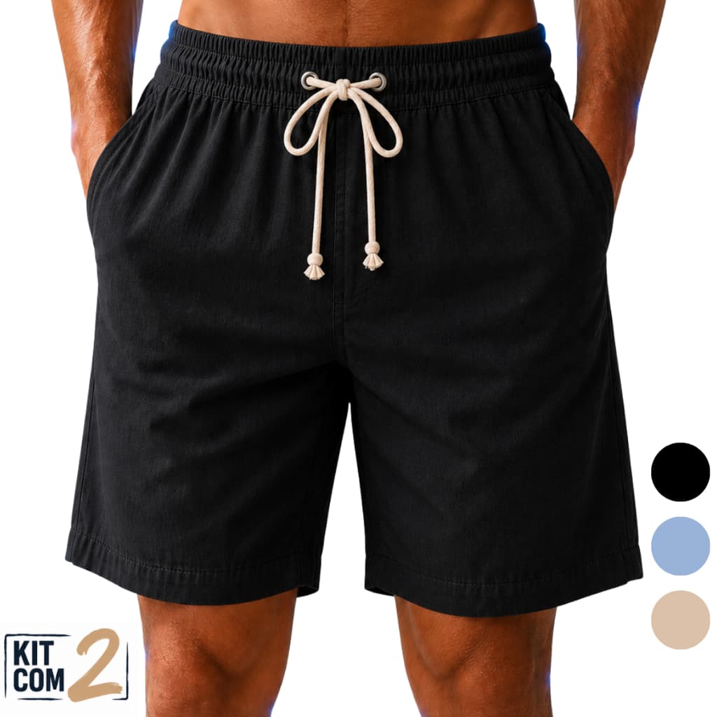 Kit 2 Short Bermuda Linho Masculino Confortavel Moda Praia Casual Mauricinho Leve Verão