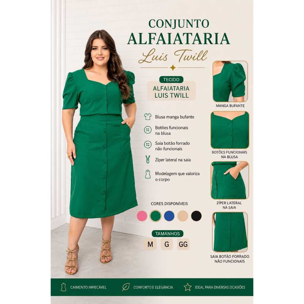 Conjunto Feminino Alfaiataria Luis Twill | Blusa Manga Princesa | Saia Midi com Bolso | M ao GG