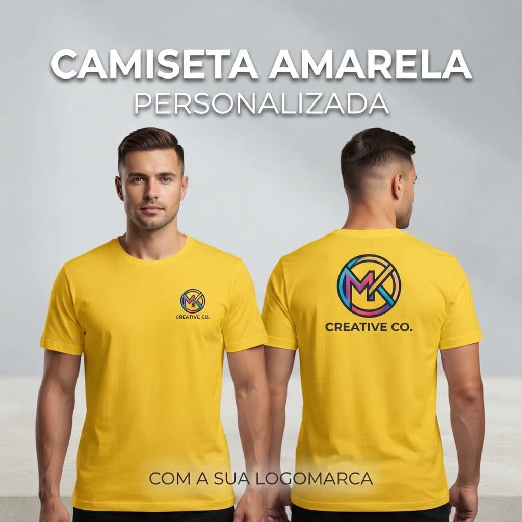 Camiseta Amarela Personalizada Logomarca Uniforme Eventos Empresa Poliéster Reforçada Resistente