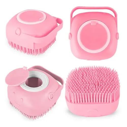 Escova Banho Lava Pelos Pet com Dispenser para Shampoo Cerdas Macias de Silicone para Cães e Gatos Cores Sortidas