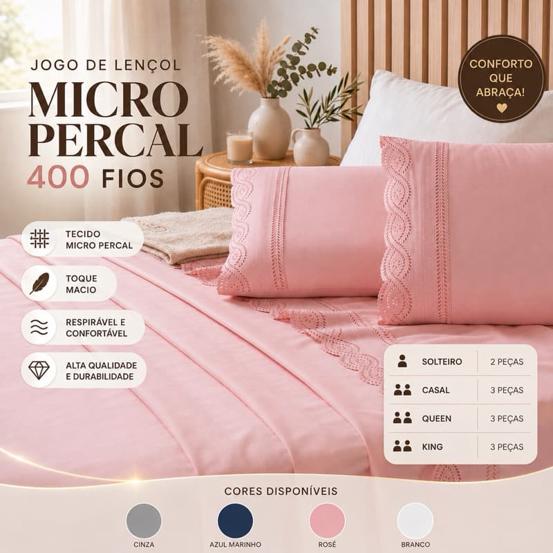 Jogo de Lençol 3 peças Bordado Inglês Micropercal 400 Fios com Elástico Solteiro Casal Queen King