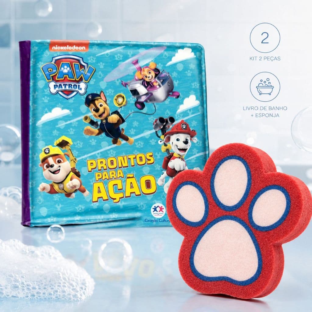 Kit Livro de Banho Patrulha Canina + Esponja Patinha Infantil Brinquedo Educativo para Banho