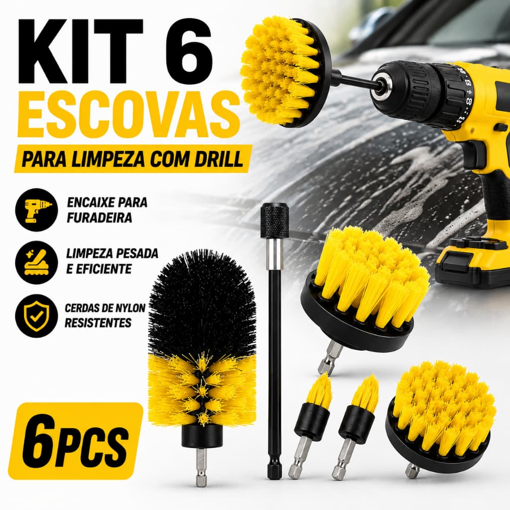 Kit 6 Escovas De Limpeza Encaixe Parafusadeira Furadeira Limpeza Automotiva Pesada Lavar Sofás Tecidos Couros Estofados