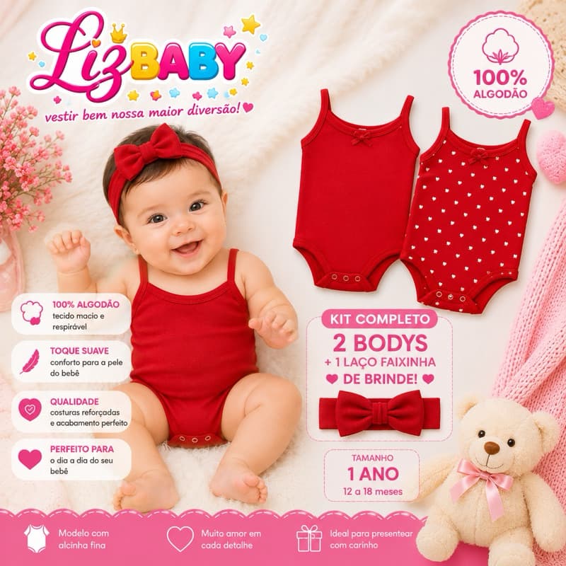 kit 2 bodys de bebê infantil menina algodão tamanho 1  ano