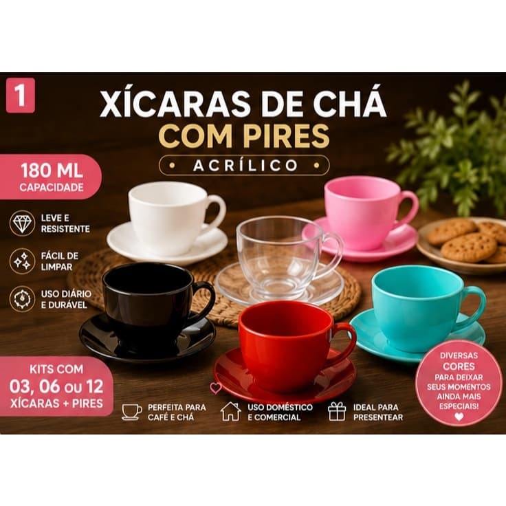 Kit Xícara de Chá 180ml com Pires Acrílico 3 6 ou 12 Unidades