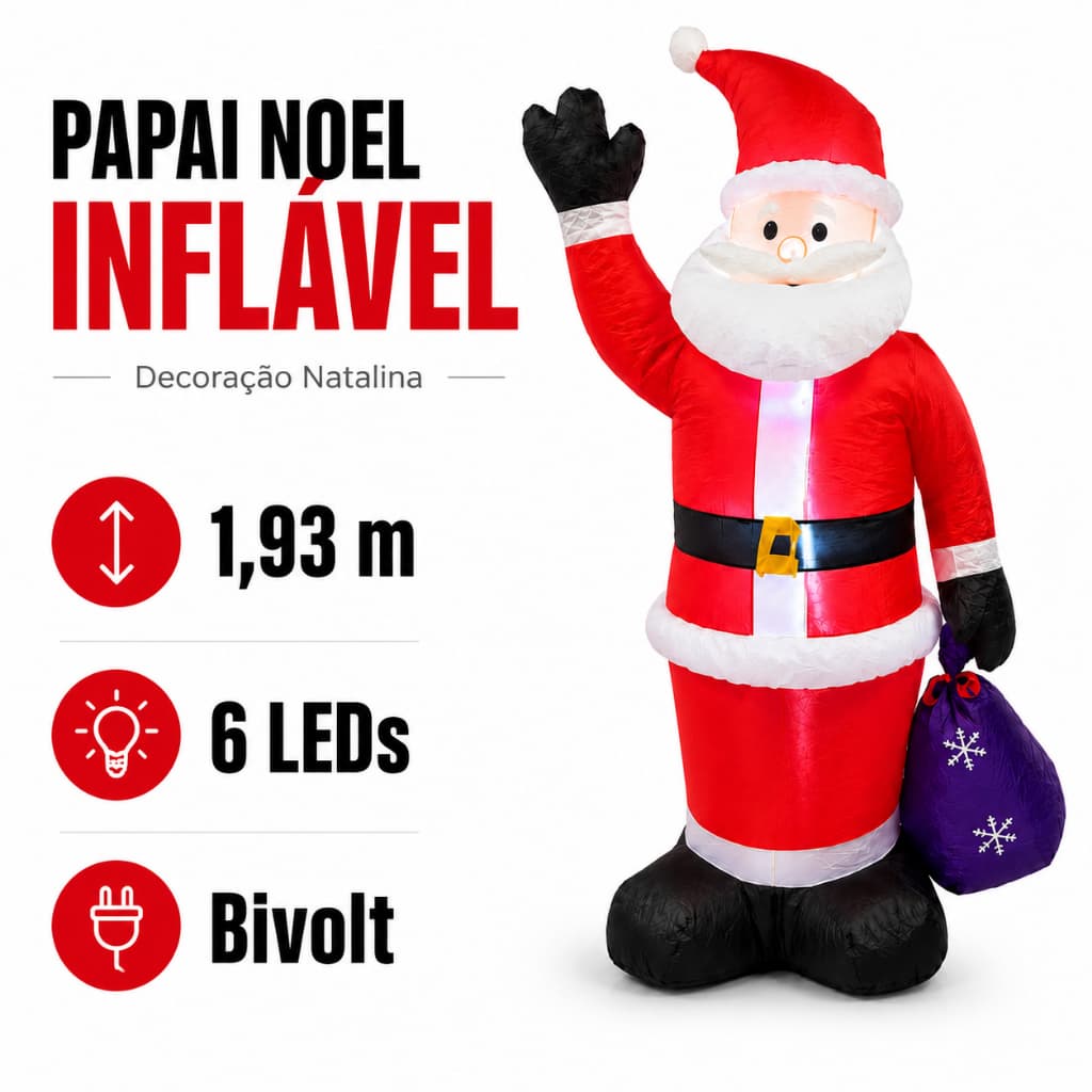 Papai Noel Inflável Natalino 1,93m com 6 LEDs Bivolt Decoração de Natal Gigante Fartex