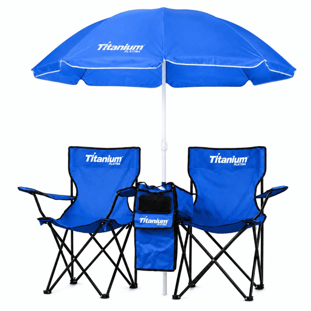 Kit 2 Cadeiras Dobráveis Praia Camping com Guarda Sol Cooler Térmico Titanium Platina