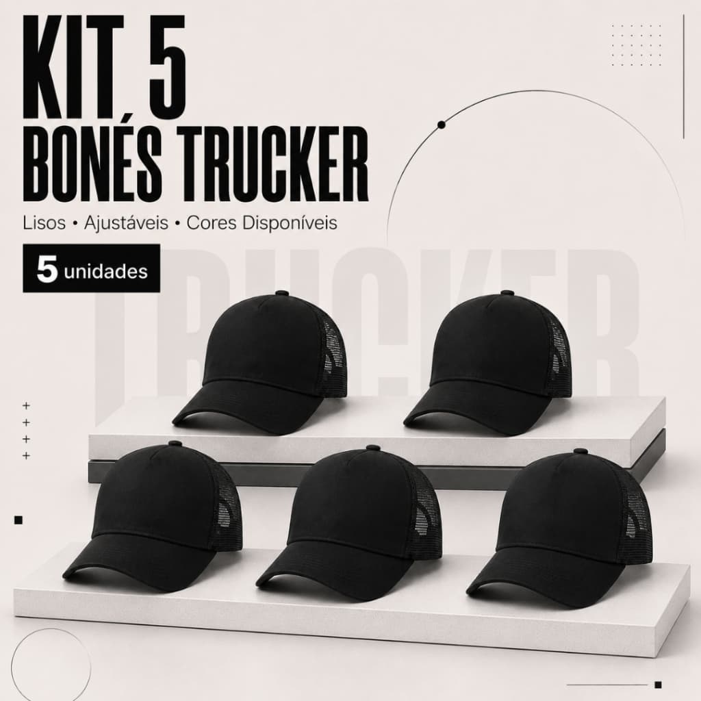 Kit 5 Bonés Trucker Americano Liso Tela Respirável Aba Curva Fecho Snapback