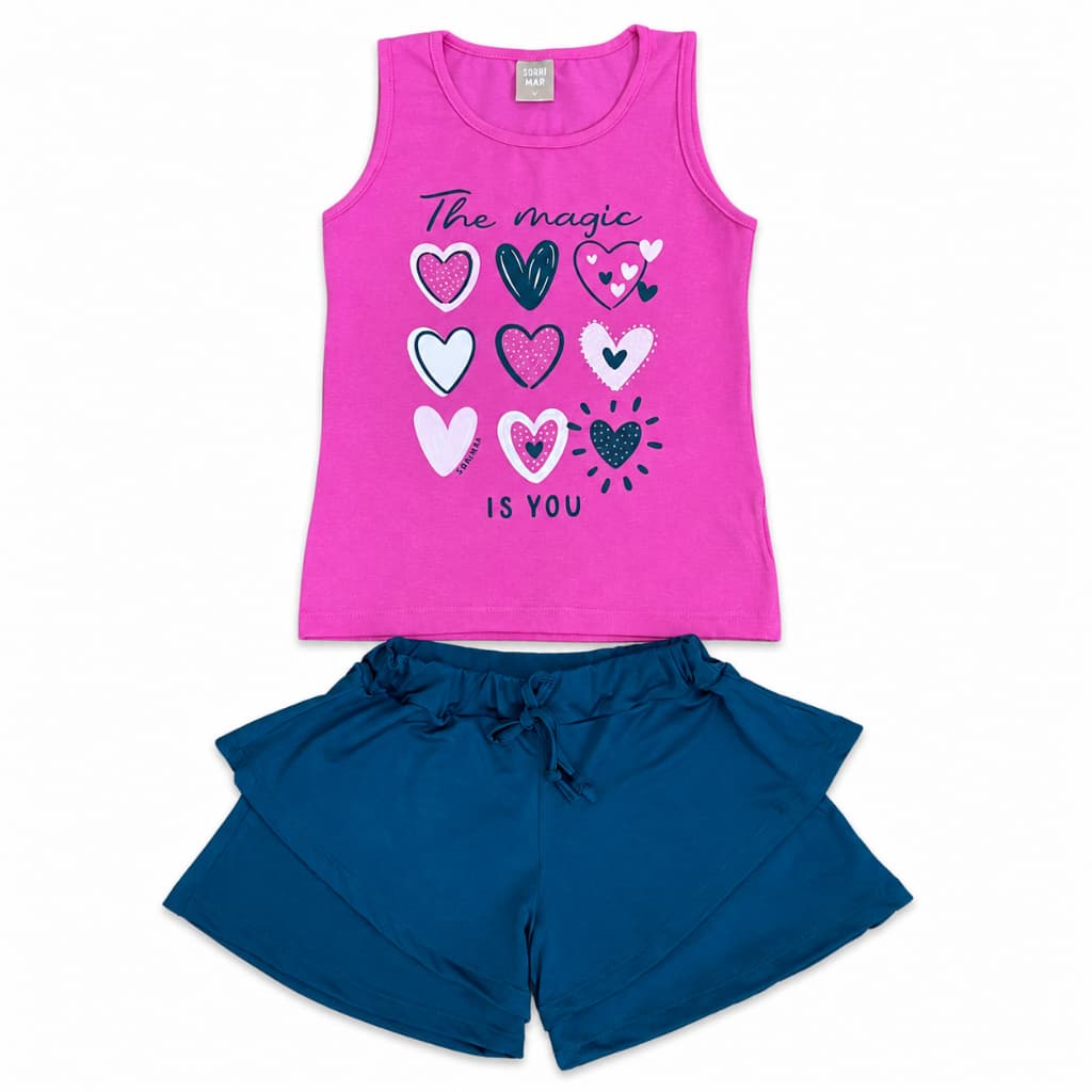 Conjunto Infantil Feminino Romantic Regata com Strass e Shorts Moda Menina Tamanhos 4, 6 e 8