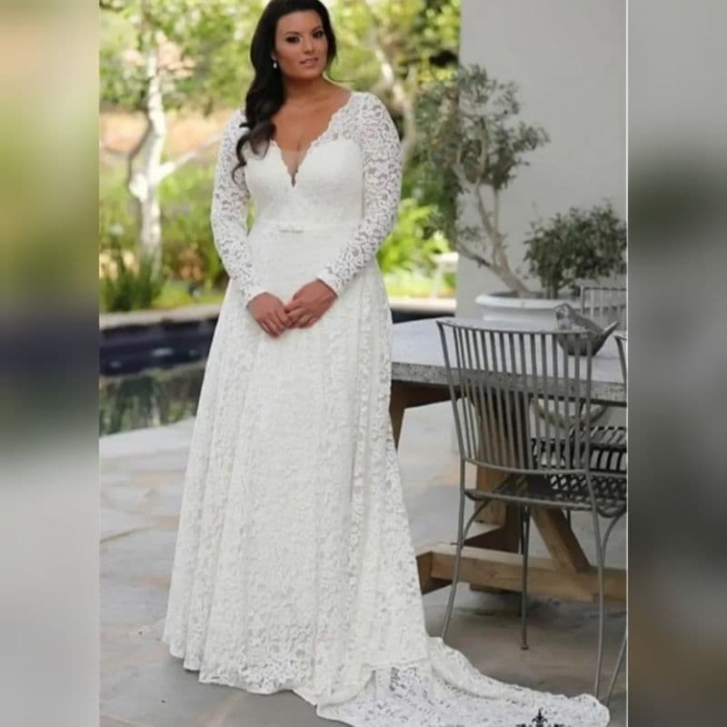 vestido festa, casamento com Cauda, manga longa, plus size